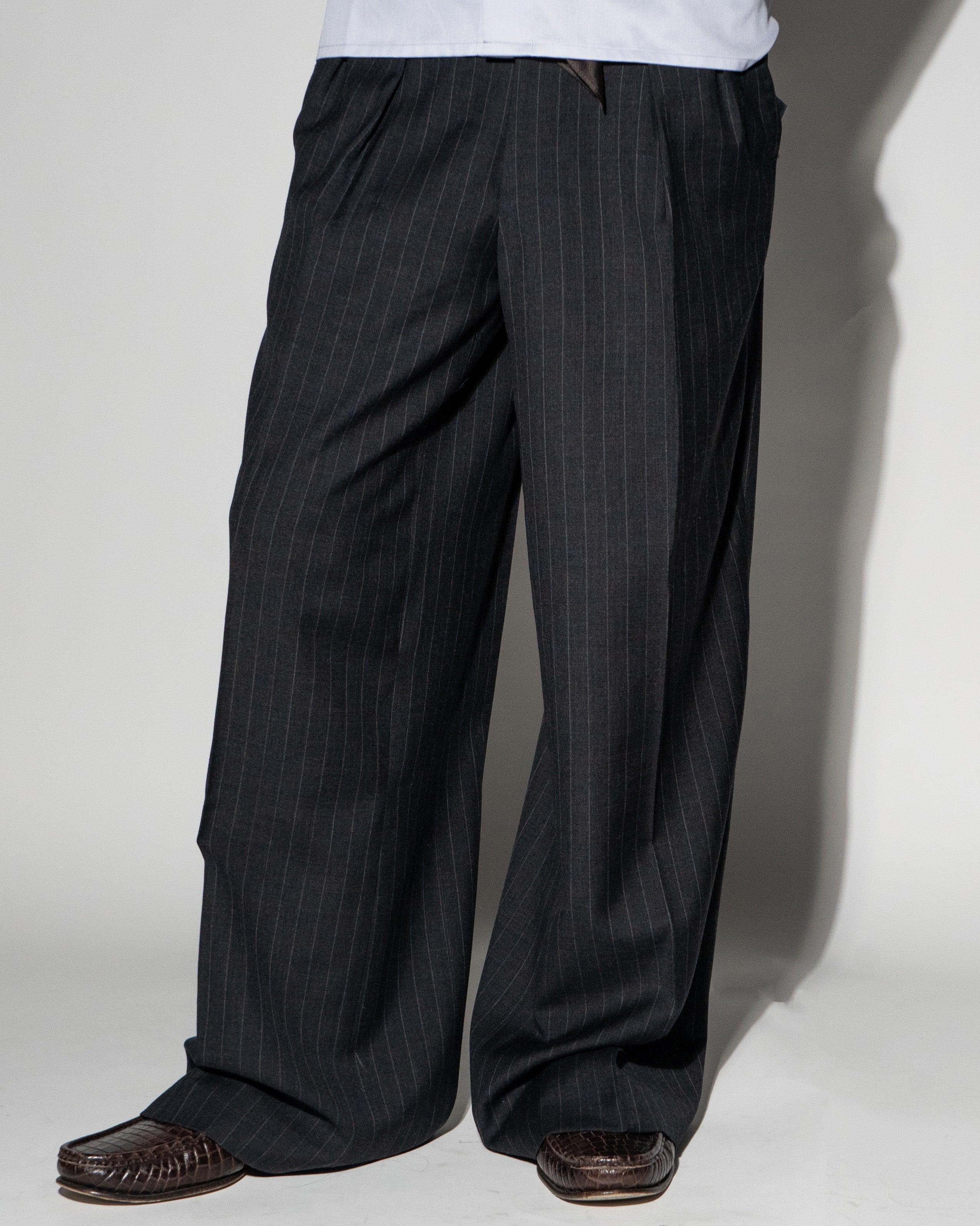 Double Pleated Trouser - 120's Grey Stripe Wool